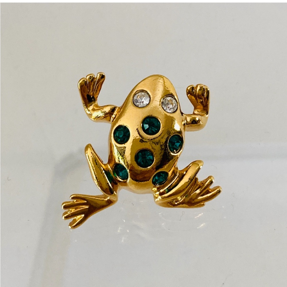 Avon Gold-Tone Frog Pin with Green and Clear Stones